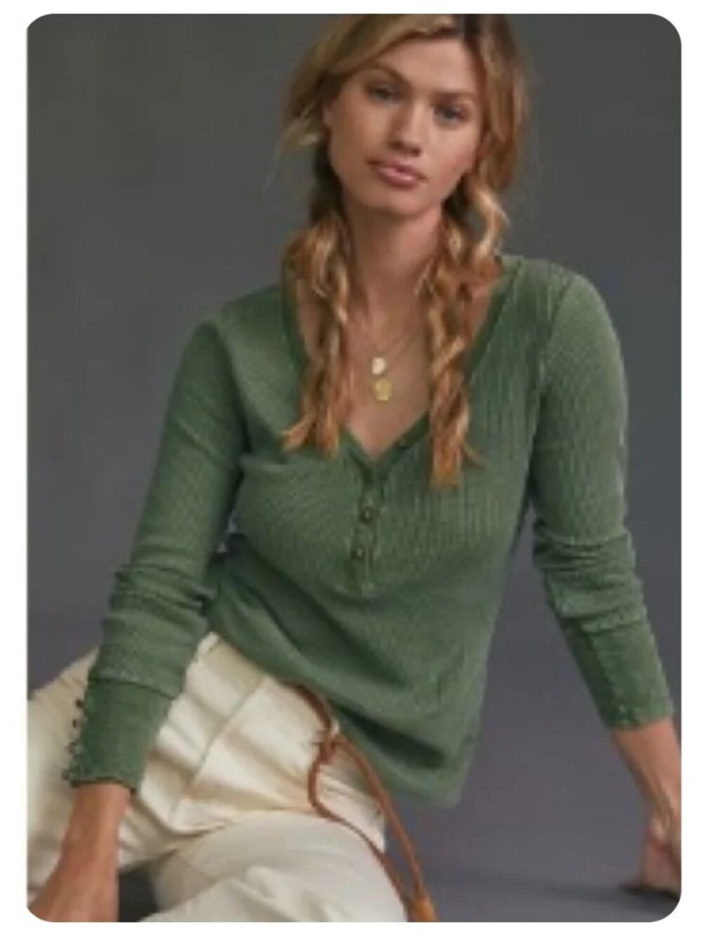 Anthropologie Pilcro Green Waffle Knit Long Sleeve Henley sz M